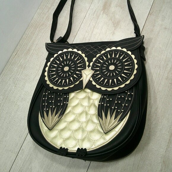 NWT Loungefly Embroidered Retro Black & Metallic Gold Owl Crossbody Shoulder Bag - Picture 11 of 11